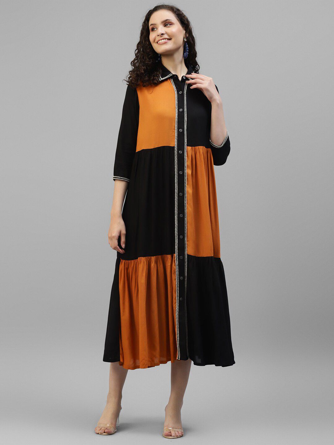 DEEBACO Multicoloured Colourblocked A-Line Midi Dress Price in India