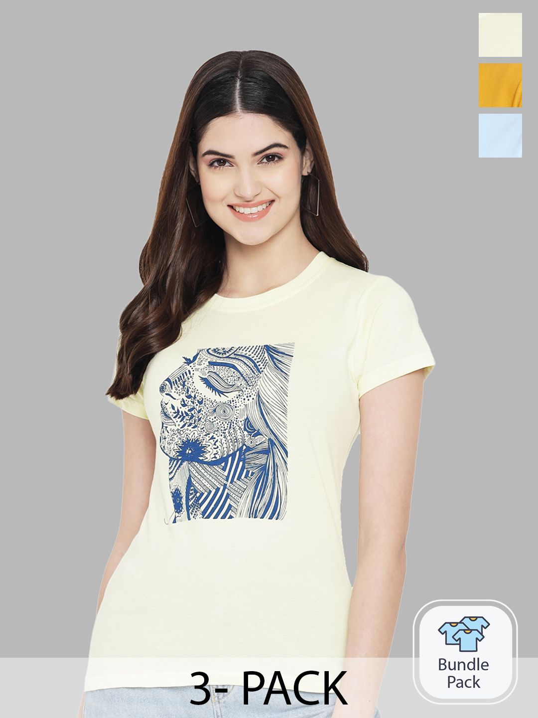 Fabflee Women Set of 3 Printed Pure Cotton T-shirt Price in India