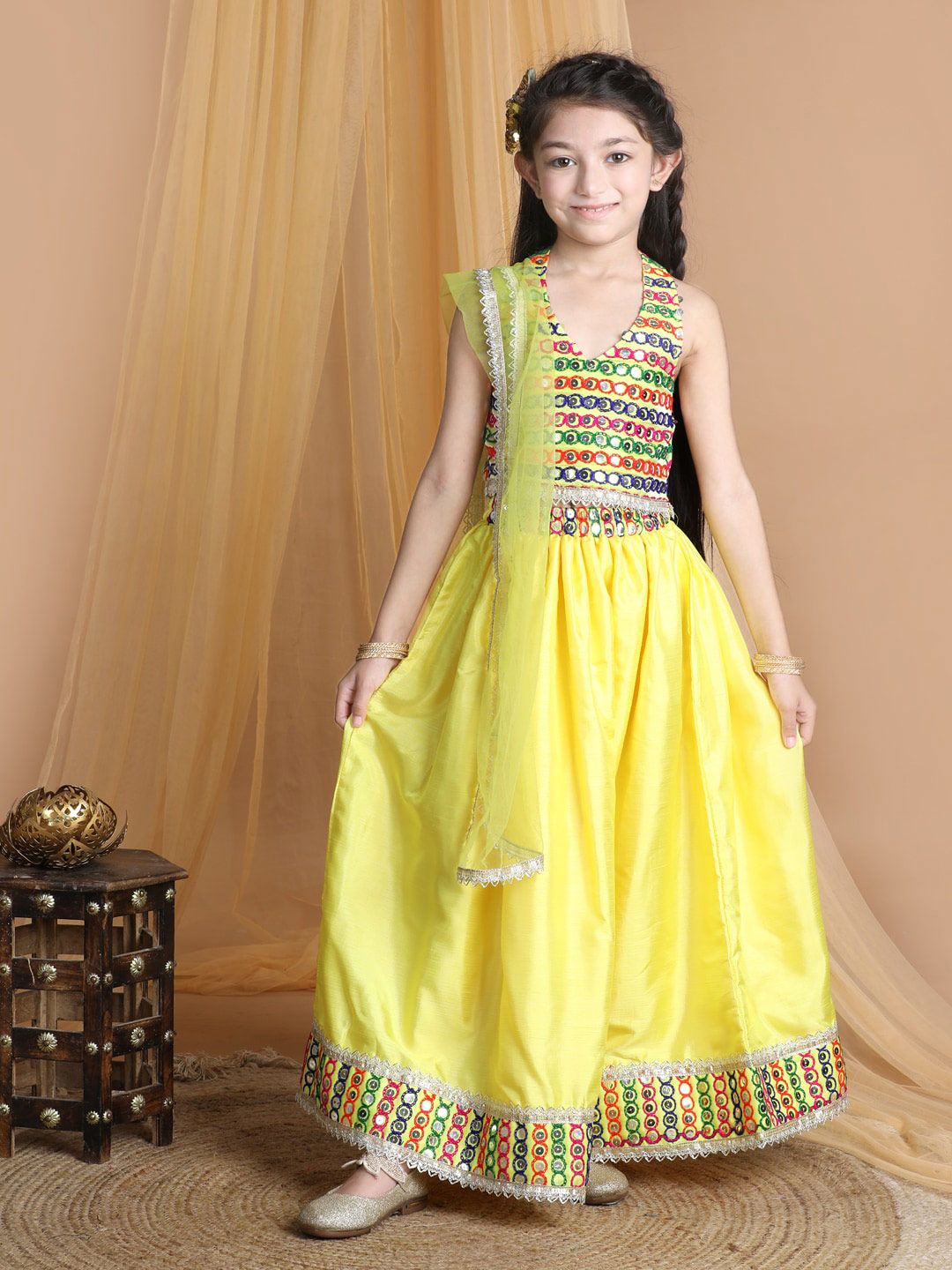 Cutiekins Girls Yellow & Blue Embroidered Mirror Work Ready to Wear Lehenga & Blouse With Dupatta Price in India