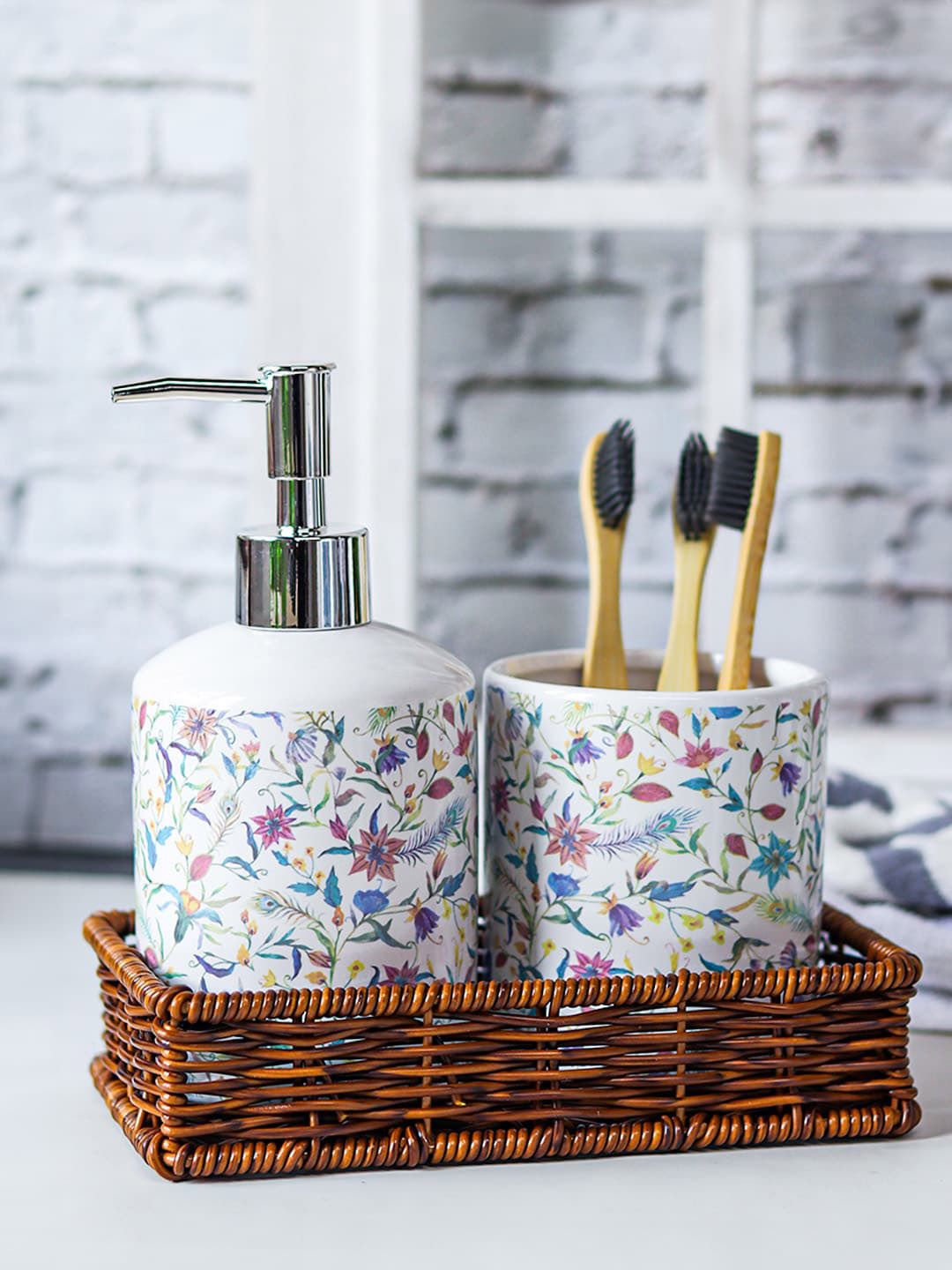 MARKET99 3 Pcs Off White Floral Printed Ceramic Bathroom Set