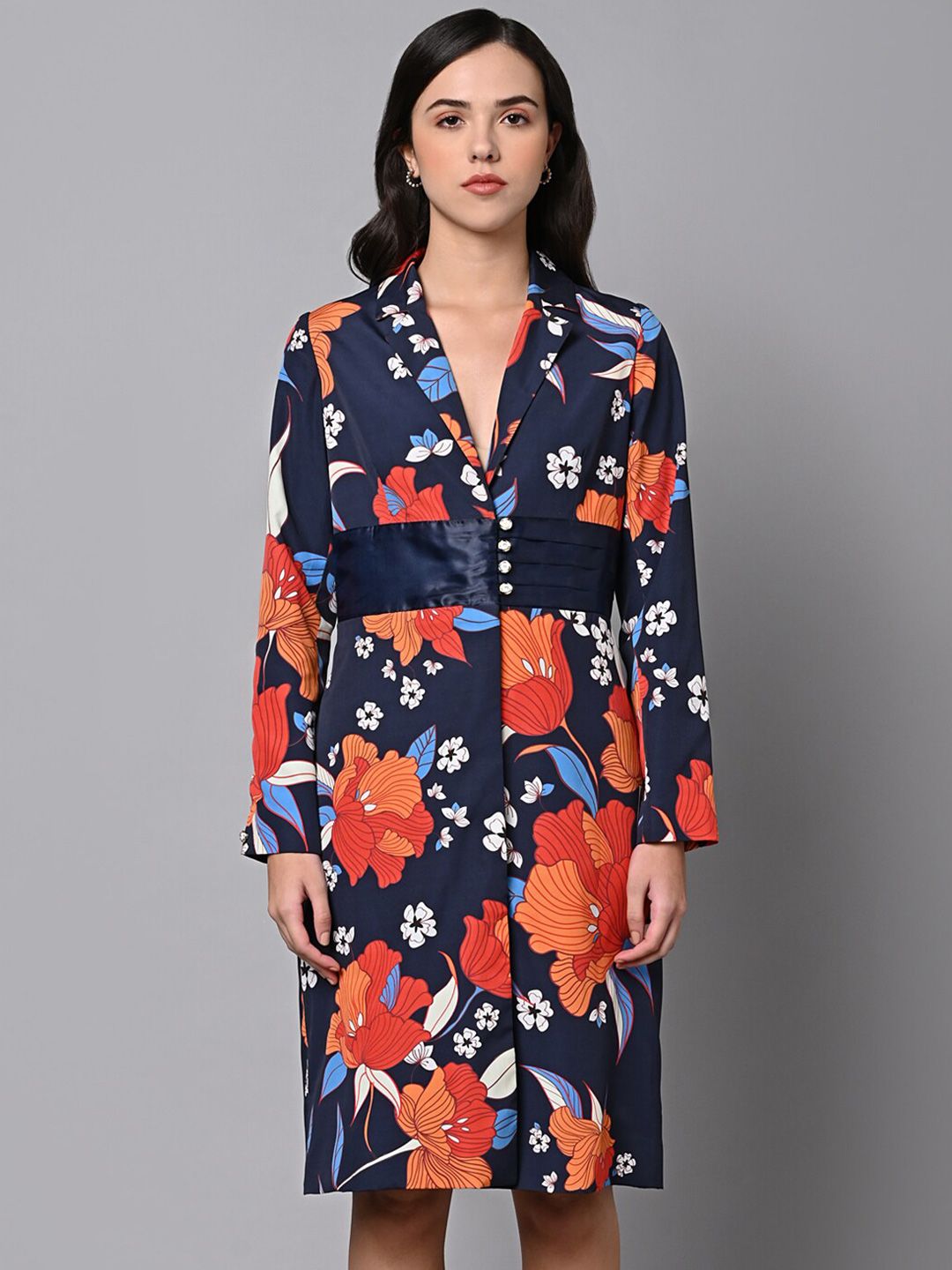 Justin Whyte Blue Floral Print Crepe Shirt Dress Price in India