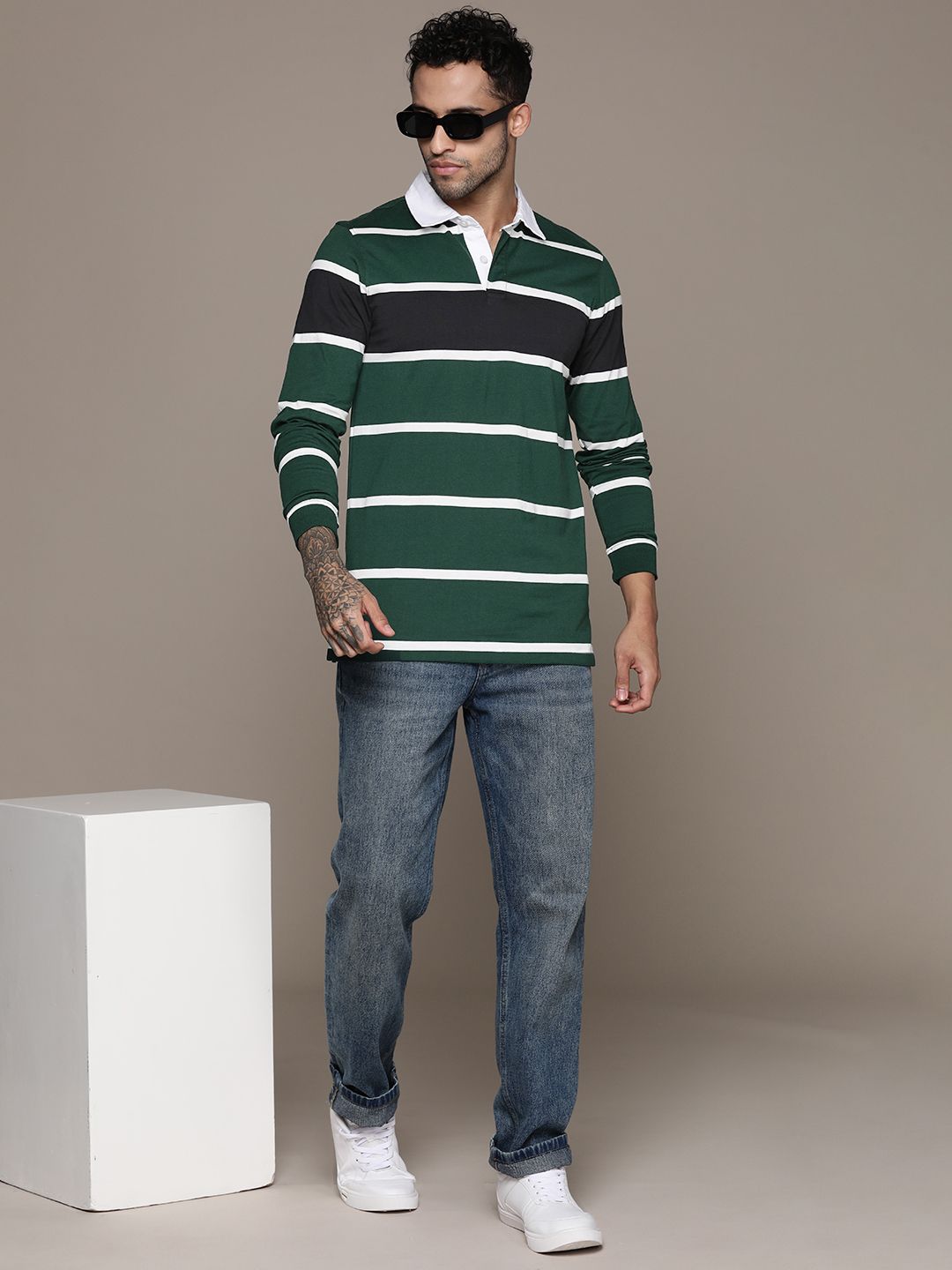 The Roadster Lifestyle Co. Striped Polo Collar Pure Cotton T-shirt