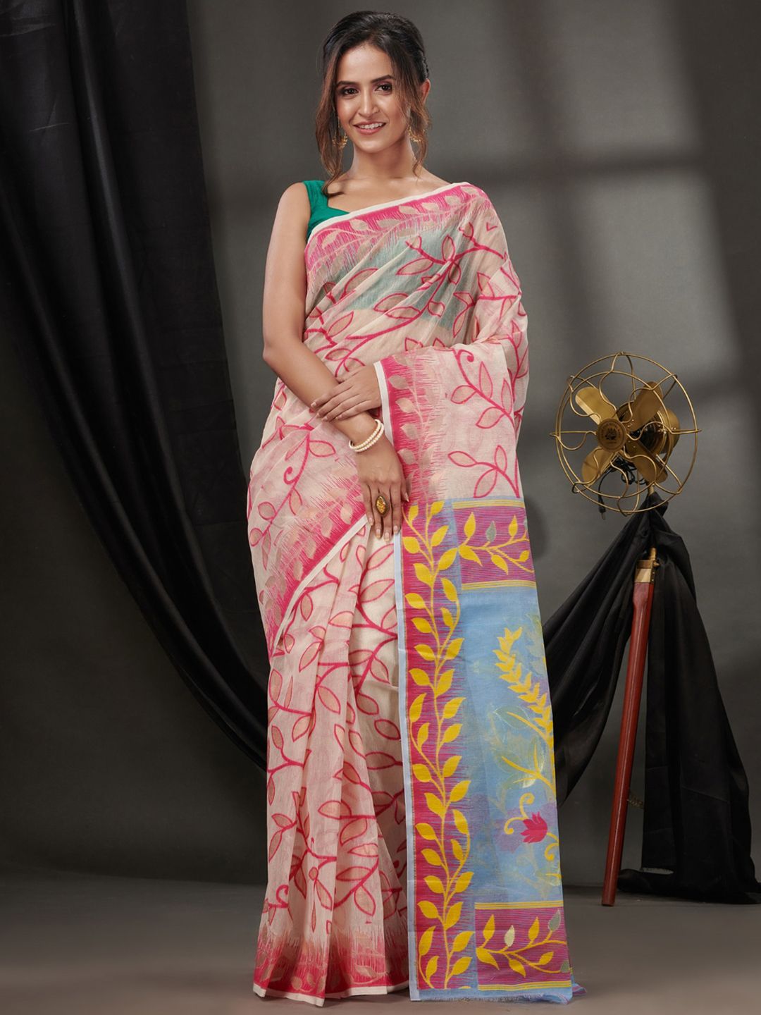 Charukriti Floral Woven Design Pure Cotton Jamdani Saree Price in India