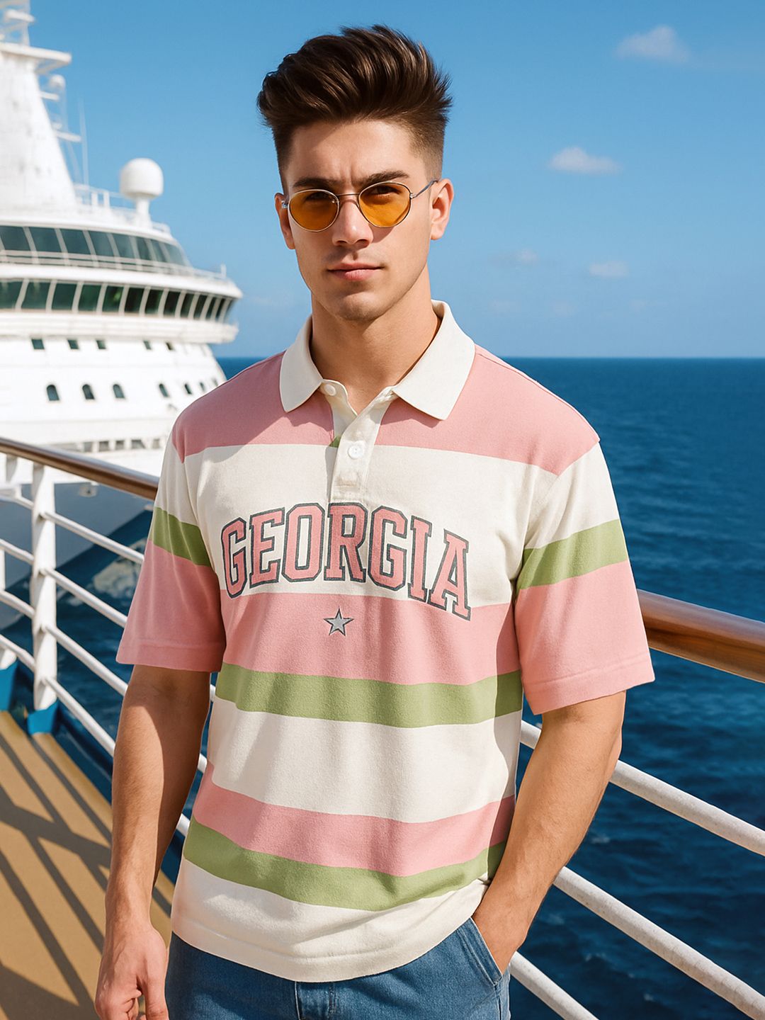 Maniac Striped Polo Collar Pure Cotton T-shirt