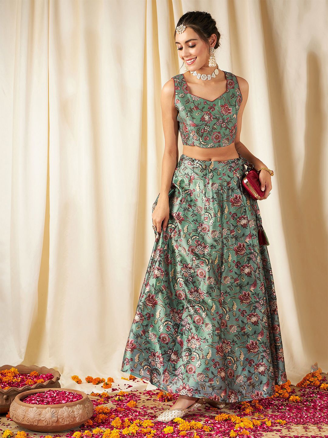 Shae by SASSAFRAS Floral Printed Ready to Wear Lehenga & Crop Top Price in India