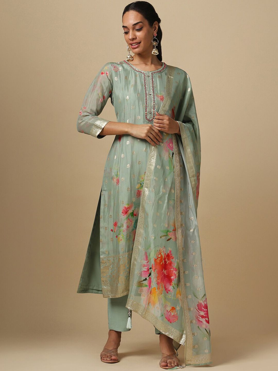 House Of Dharaa Floral Woven Design Organza Kurta With Trousers & Dupatta Price in India