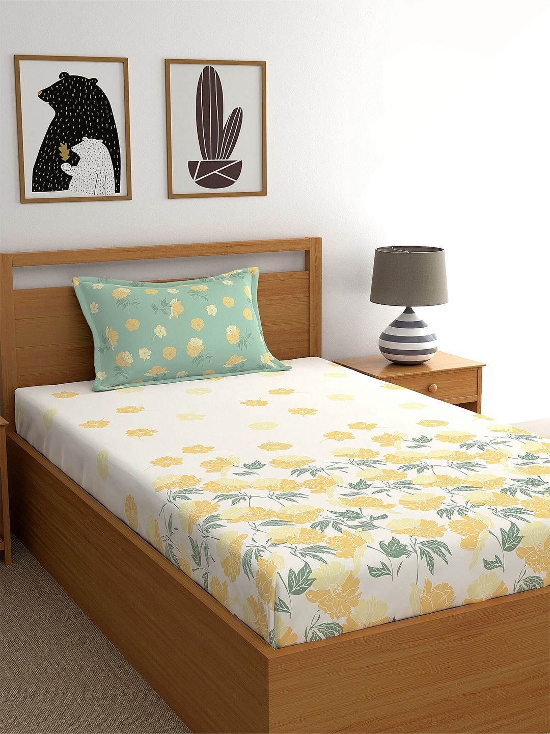 Dreamscape Beige & Yellow Floral Pure Cotton 140 TC Fitted Single Bedsheet & Pillow Cover