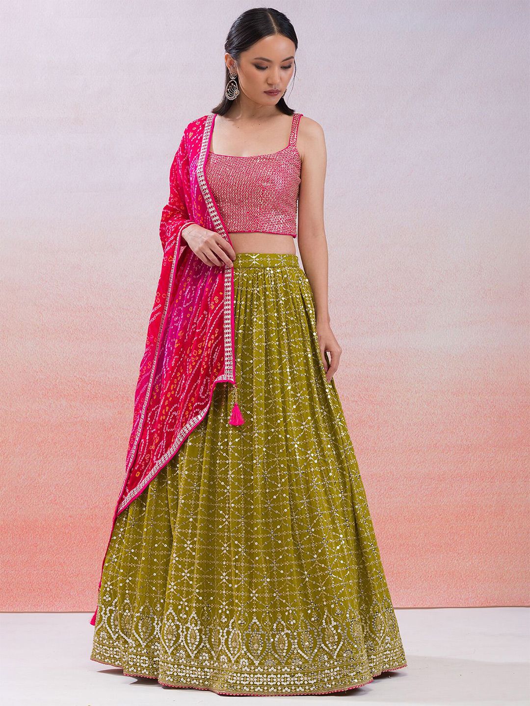 FABPIXEL Green & Pink Embroidered Sequinned Semi-Stitched Lehenga & Unstitched Blouse With Dupatta Price in India