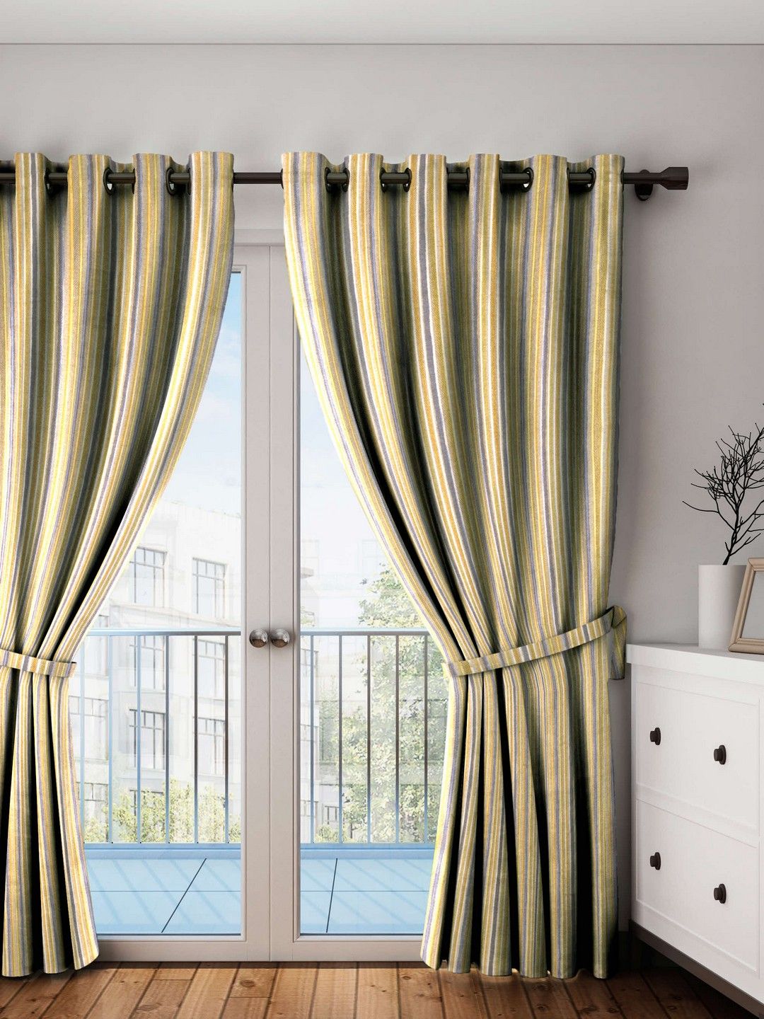 HOUZZCODE Yellow & Grey Set of Single Door Curtains Price in India