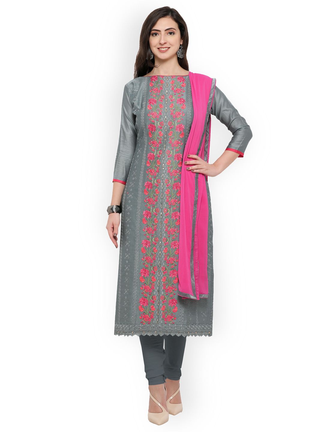 Rajnandini Charcoal & Pink Cotton Blend Unstitched Dress Material Price in India