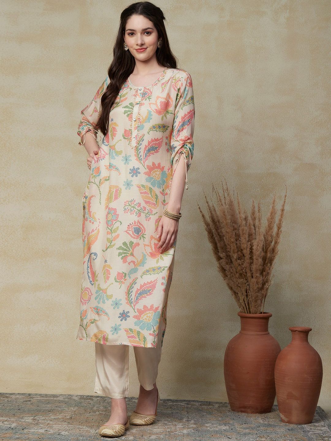 FASHOR Floral Printed Regular Sequinned Pure Cotton Kurta with Palazzos Price in India