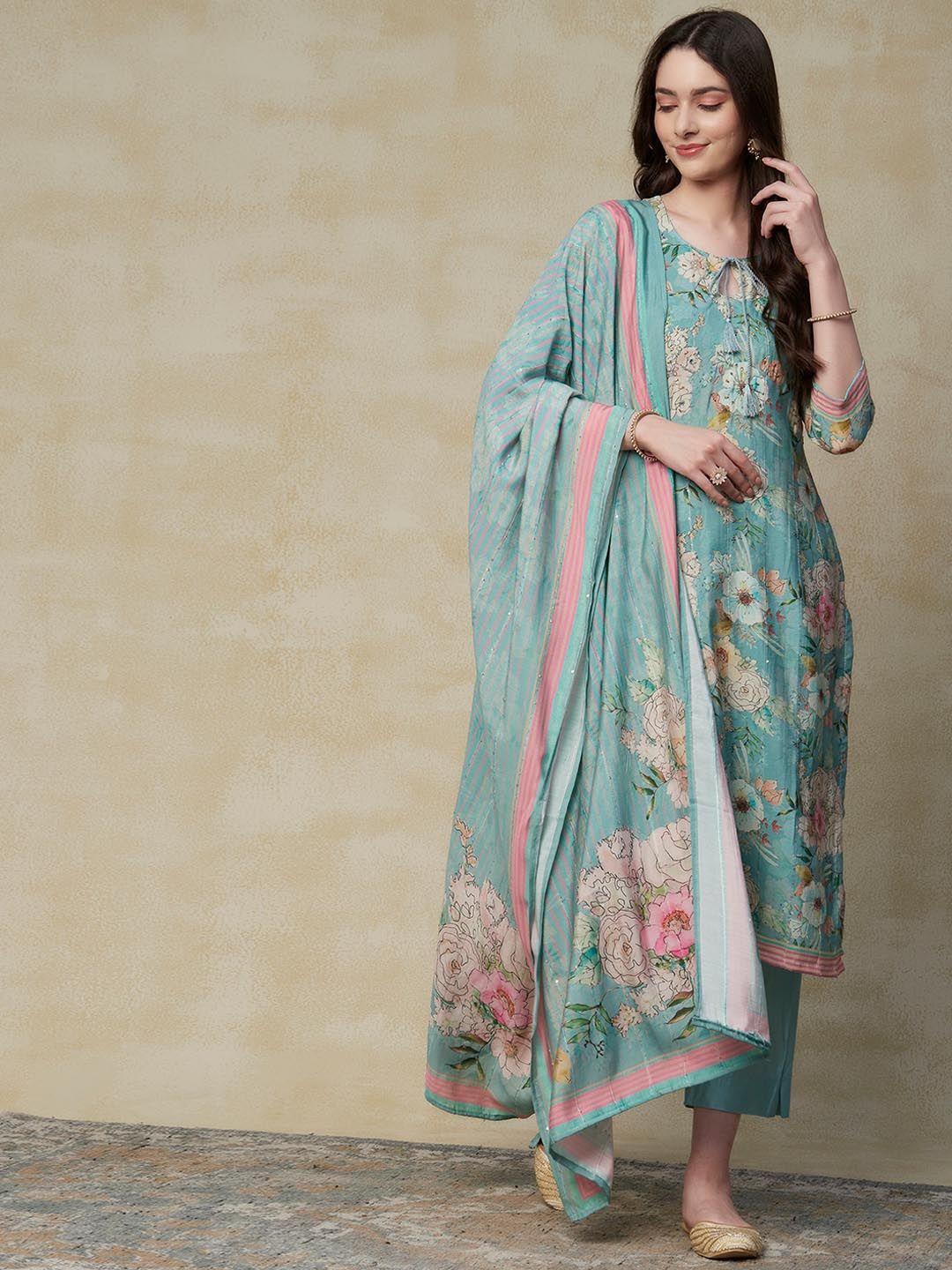 FASHOR Floral Printed Sequinned Kurta With Trousers & Dupatta Price in India
