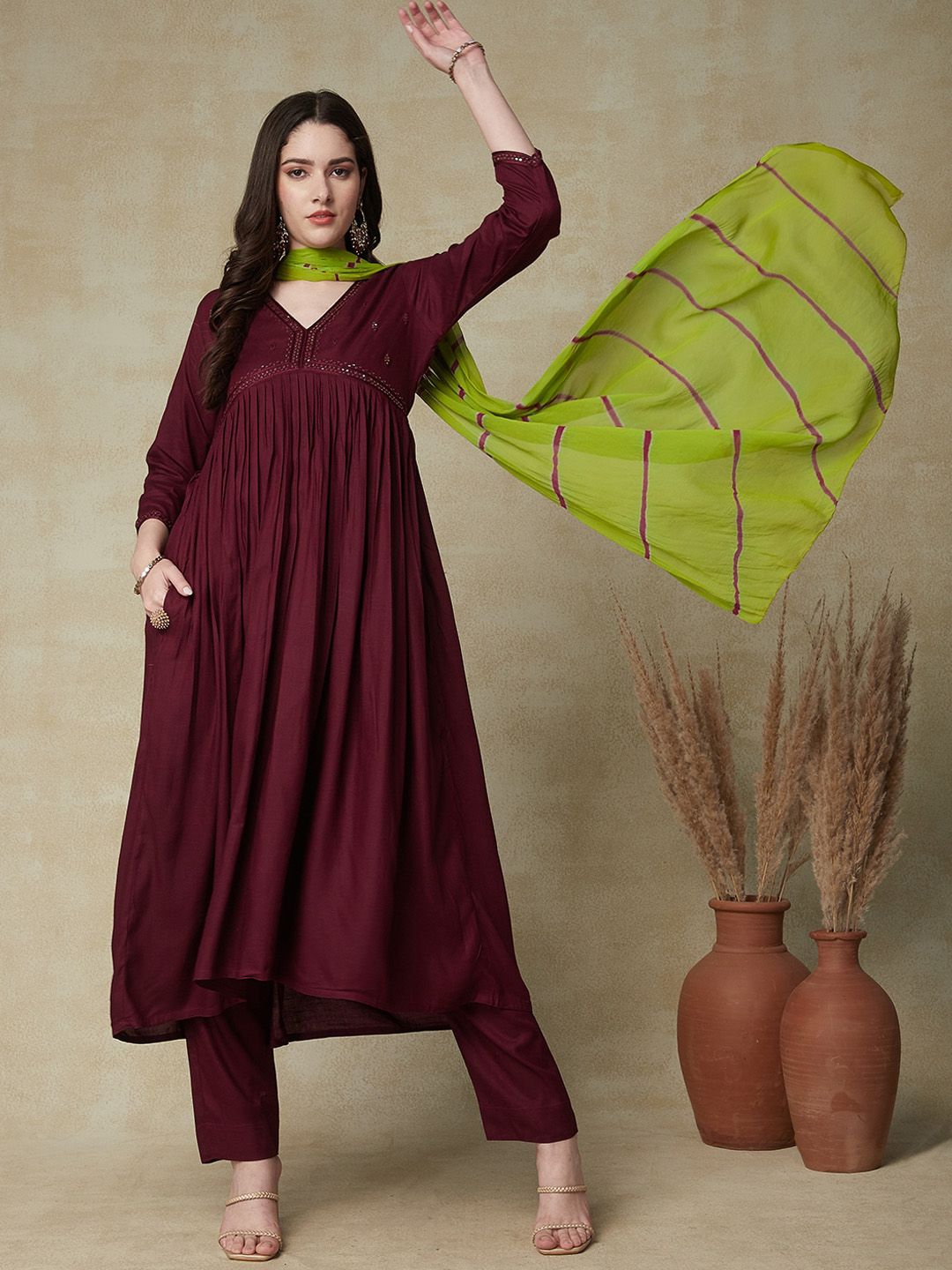 FASHOR Floral Embroidered Pleated V-Neck Thread Work Empire Kurta With Trousers & Dupatta Price in India