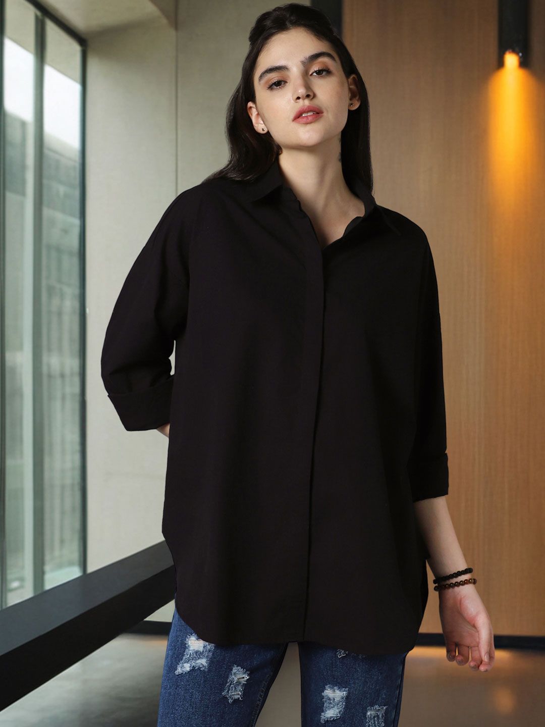 Buy High Star Relaxed Oversized Spread Collar Long Sleeve Cotton