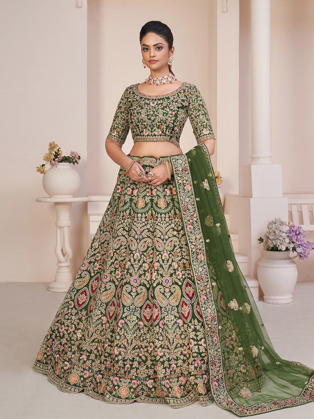 Fusionic Embellished Thread Work Semi-Stitched Lehenga & Unstitched Blouse With Dupatta
