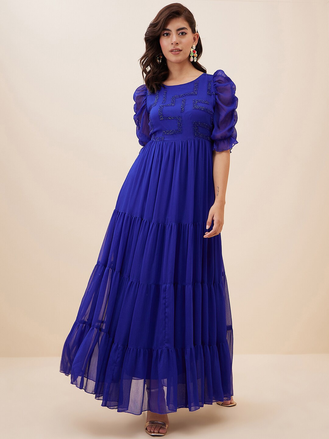 Antheaa Embellished Puff Sleeves Chiffon Fit and Flare Maxi Dress Price in India