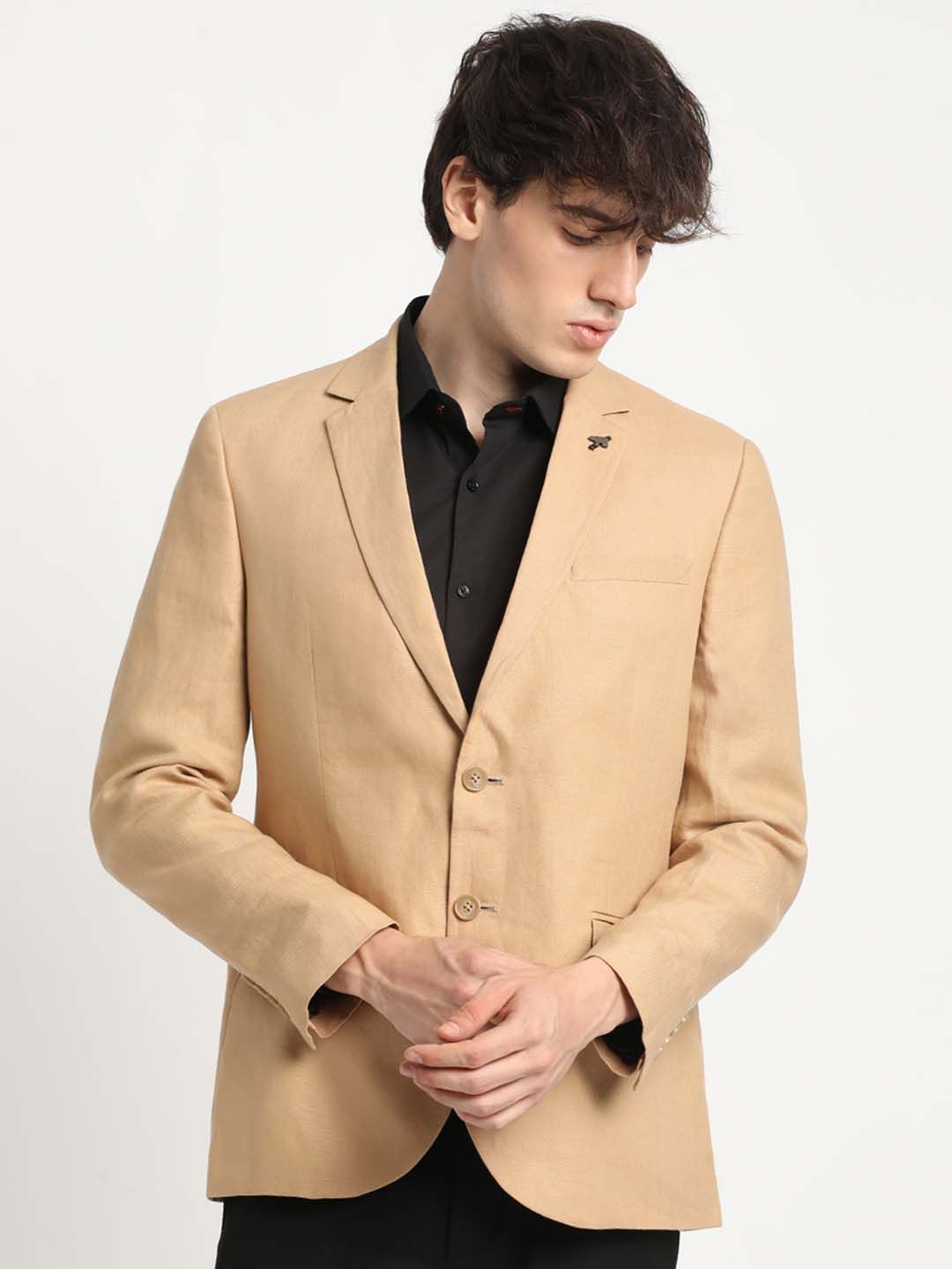 THE BEAR HOUSE Notched Lapel Collar Pure Linen Tailored-Fit Single Breasted Blazer