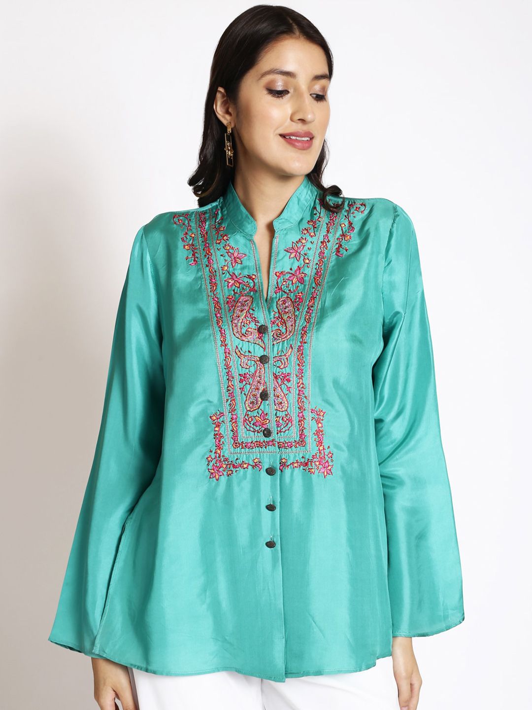 250 DESIGNS Green Mandarin Collar Pure Silk Shirt Style Top Price in India