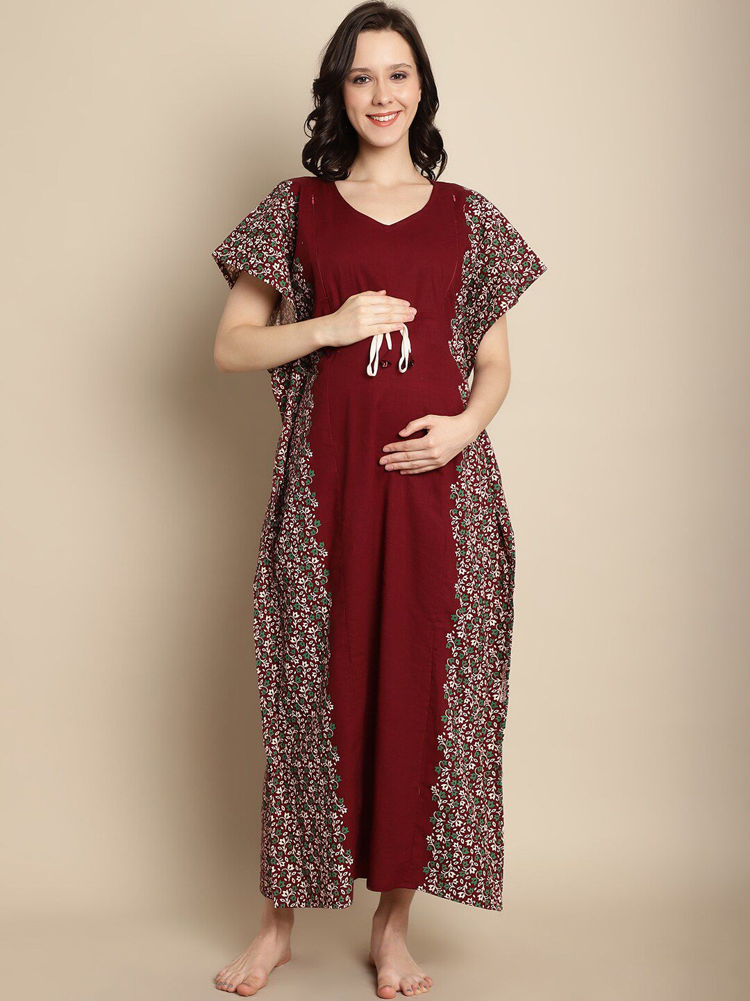 Secret Wish Maternity Floral Printed Pure Cotton Maxi Kaftan Nightdress