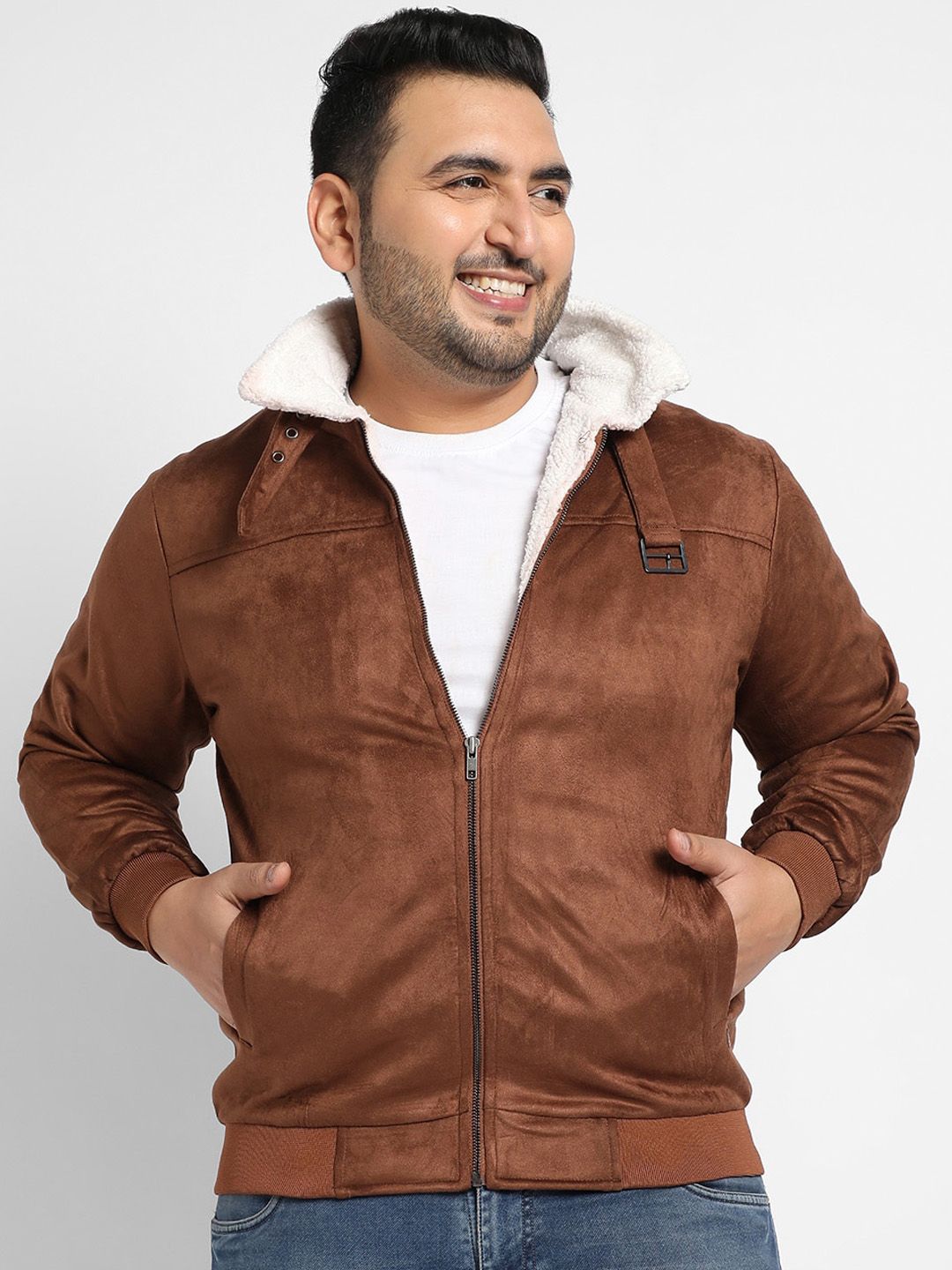 Instafab Plus Men Brown Checked Suede Windcheater Bomber Jacket