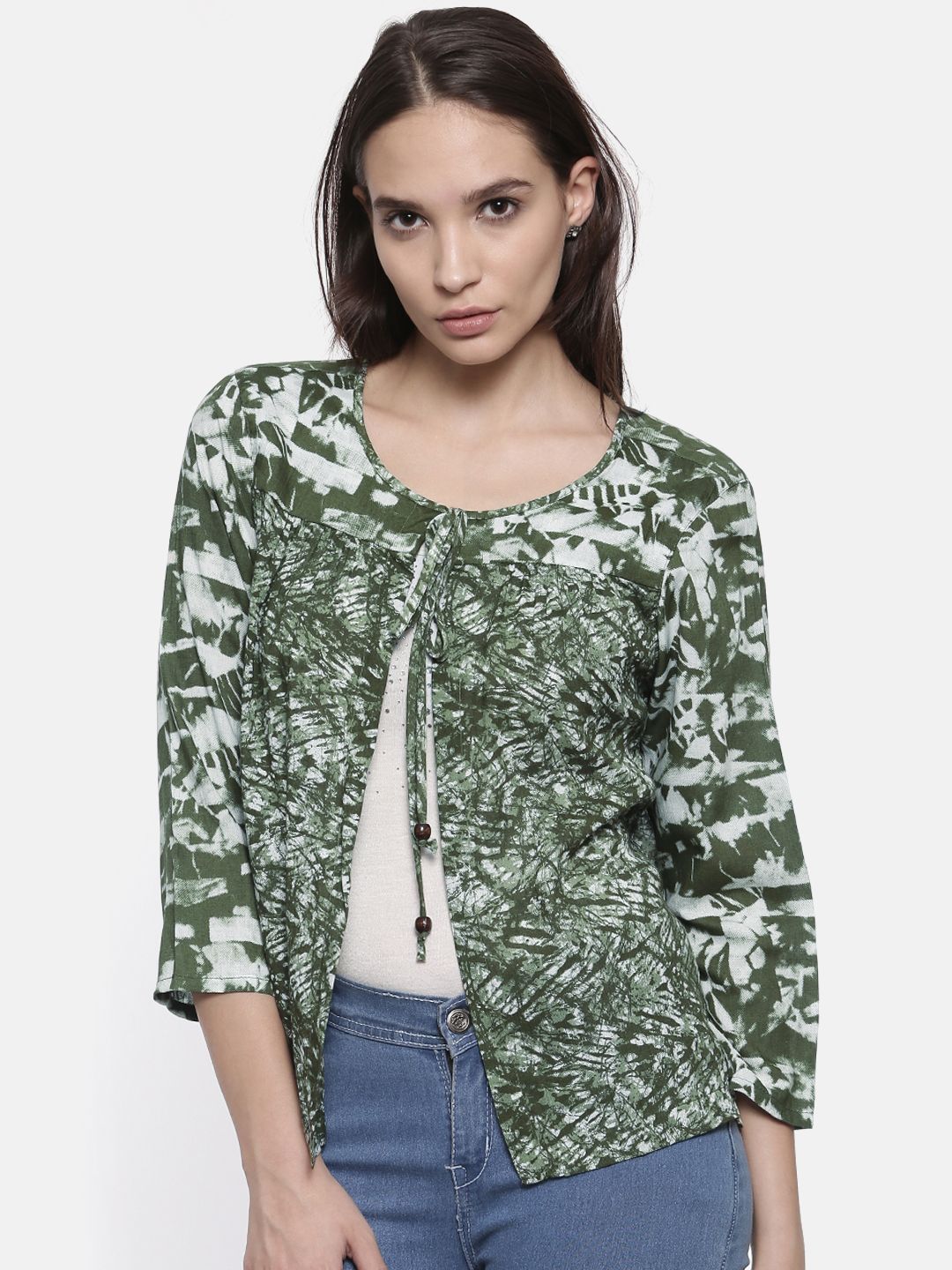 Bronz Green & Off-White Printed Tie-Up Shrug Price in India