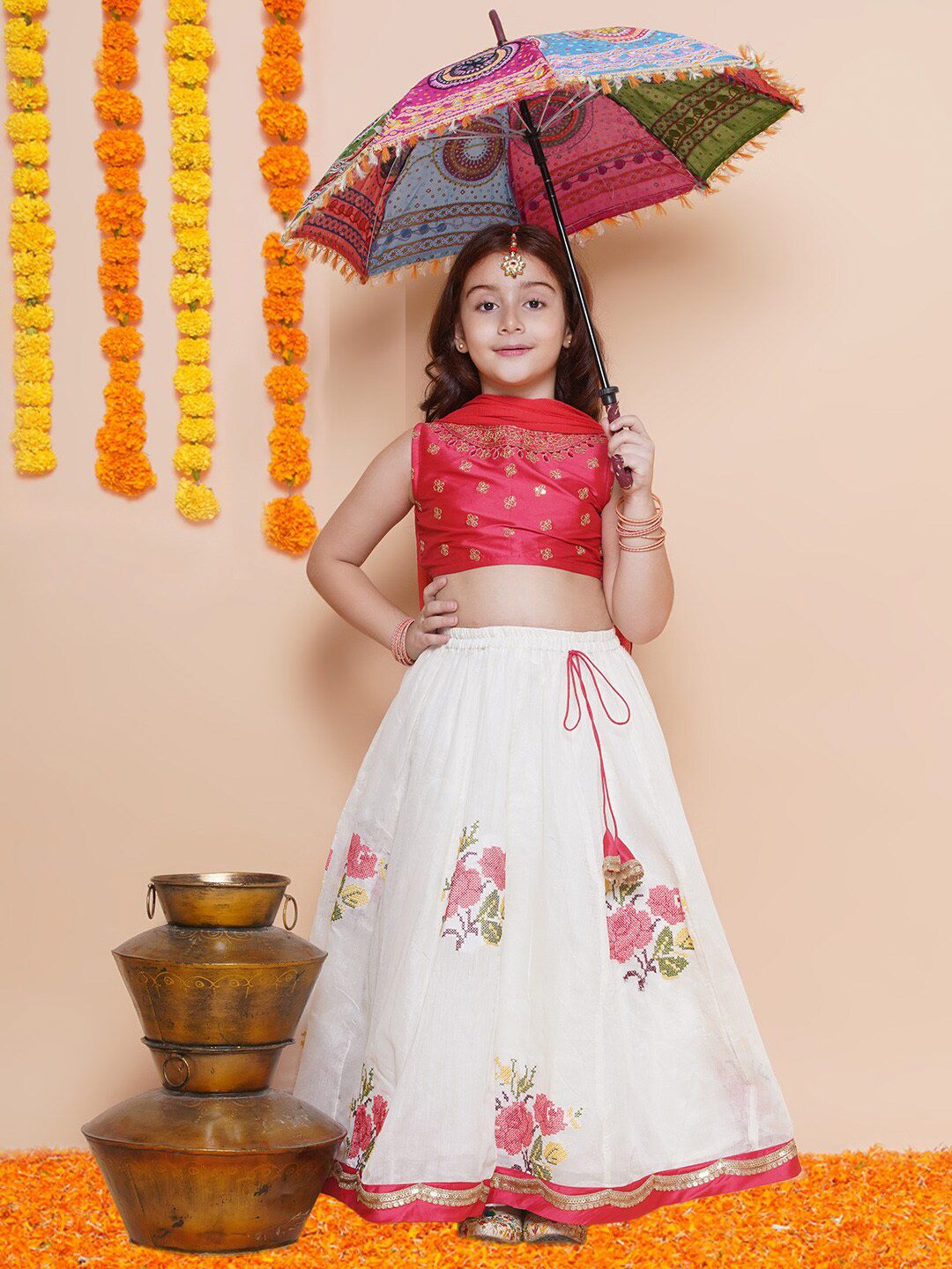 Bitiya by Bhama Girls Embroidered Gotta Patti Ready to Wear Lehenga & Blouse With Dupatta Price in India