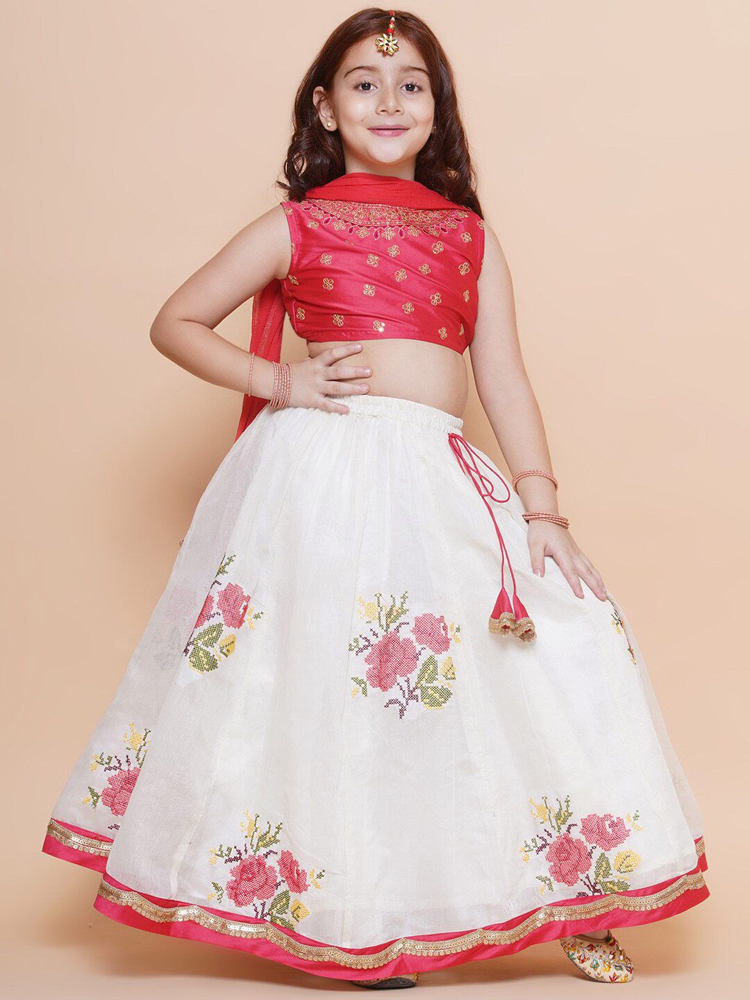 Bitiya by Bhama Girls Embroidered Gotta Patti Ready to Wear Lehenga & Blouse With Dupatta Price in India