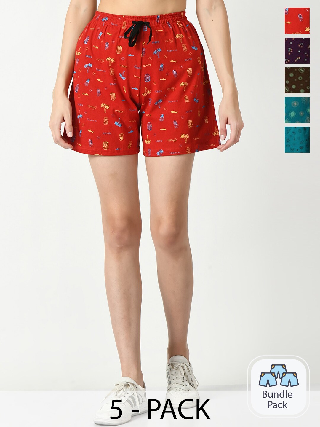 IndiWeaves Pack Of 5 Printed High-Rise Cotton Shorts Price in India