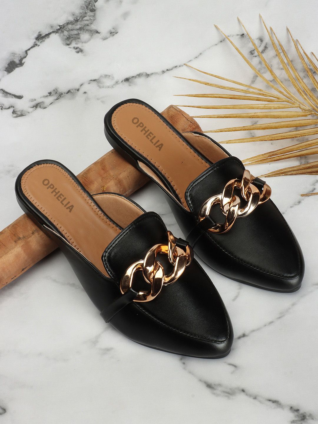 OPHELIA Women Black Printed Mules Flats Price in India