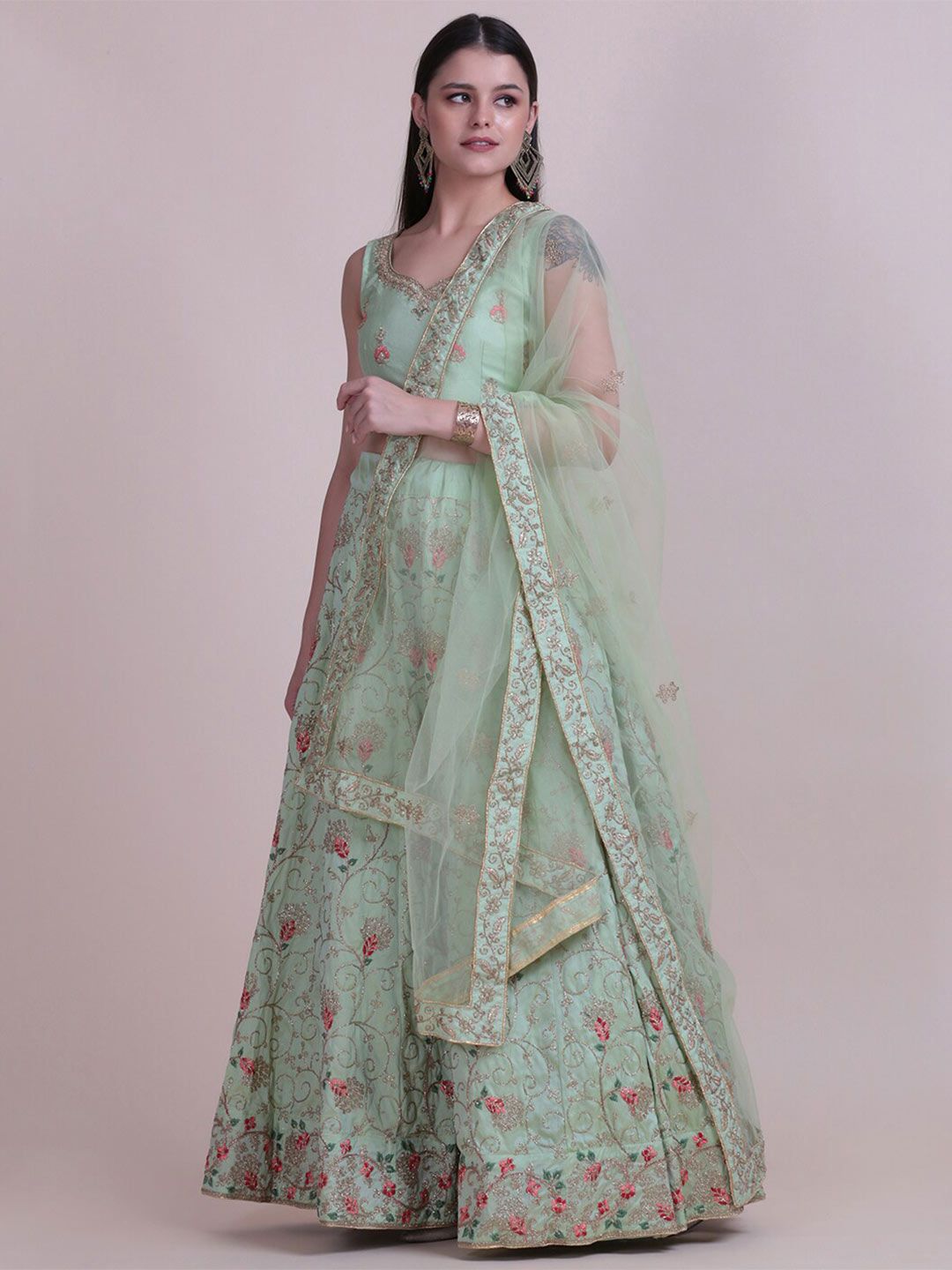KALINI Embroidered Thread Work Semi-Stitched Lehenga & Unstitched Blouse With Dupatta