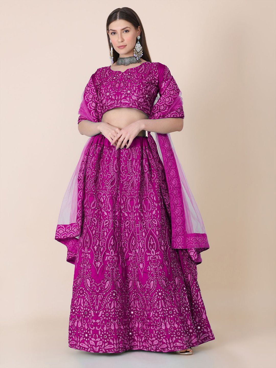 KALINI Purple & Silver-Toned Embroidered Thread Work Semi-Stitched Lehenga & Unstitched Blouse With Dupatta Price in India