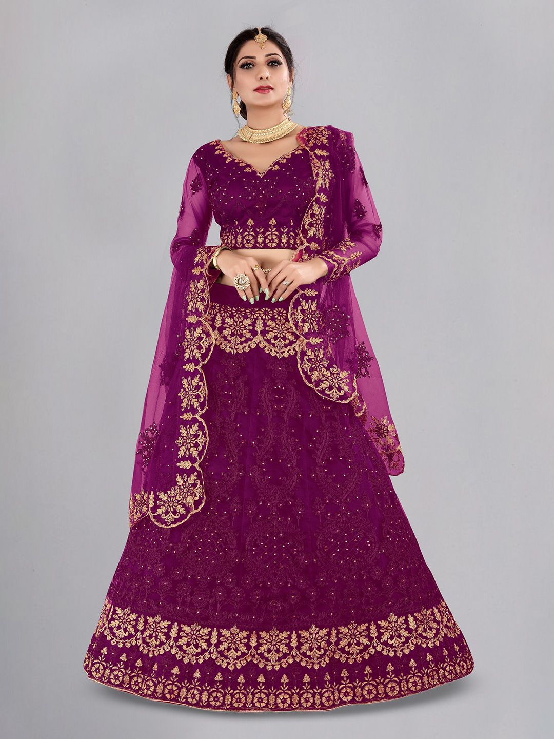 KALINI Purple & Gold-Toned Embroidered Thread Work Ready to Wear Lehenga & Unstitched Blouse With Dupatta Price in India