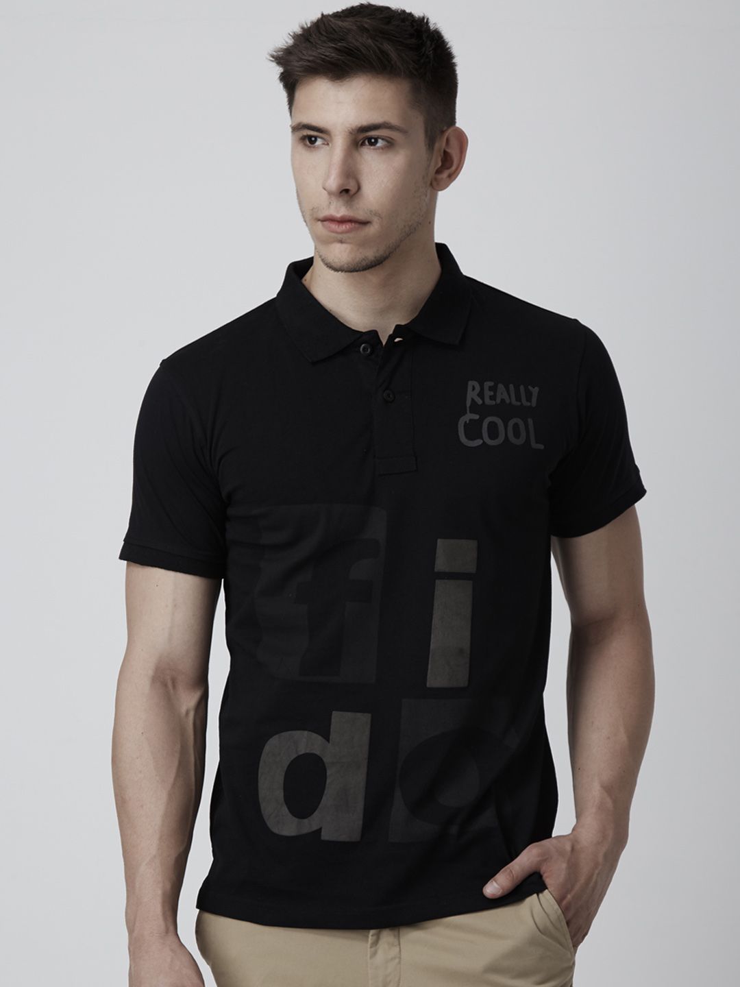 FIDO DIDO Men Black Printed Polo Collar Slim Fit T-shirt