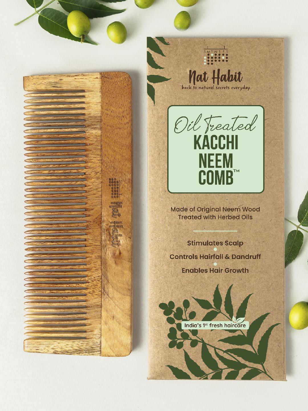 Nat Habit Kacchi Oil Treated Neem Wooden Fine Tooth Comb - Large