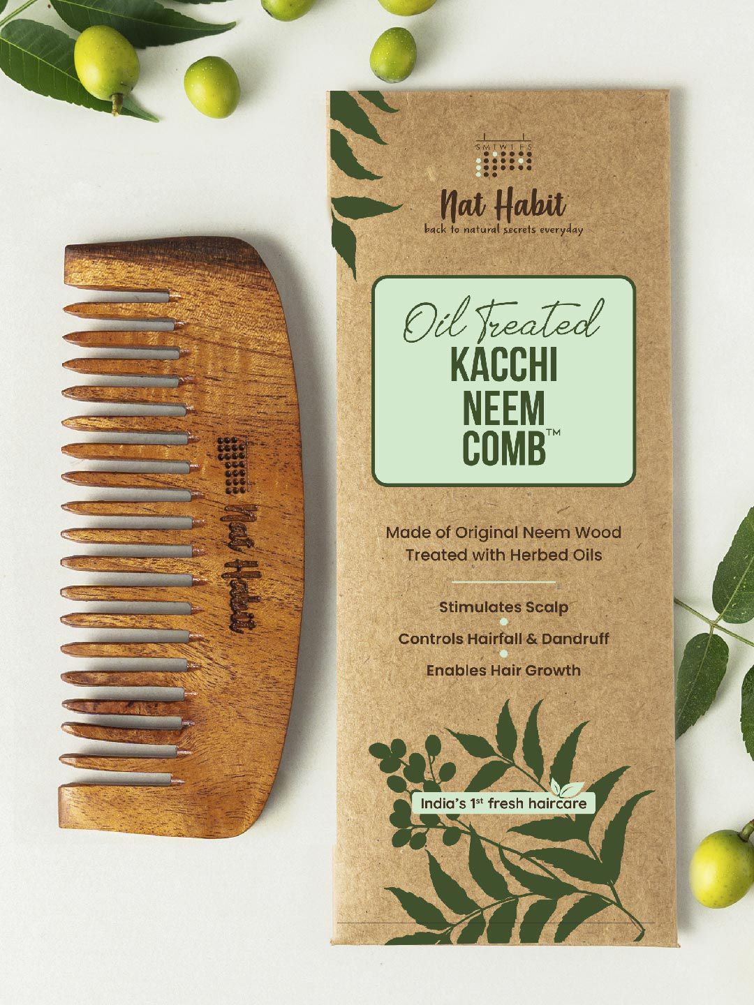 Nat Habit Kacchi Oil Treated Neem Wooden Bounce Wide Tooth Comb