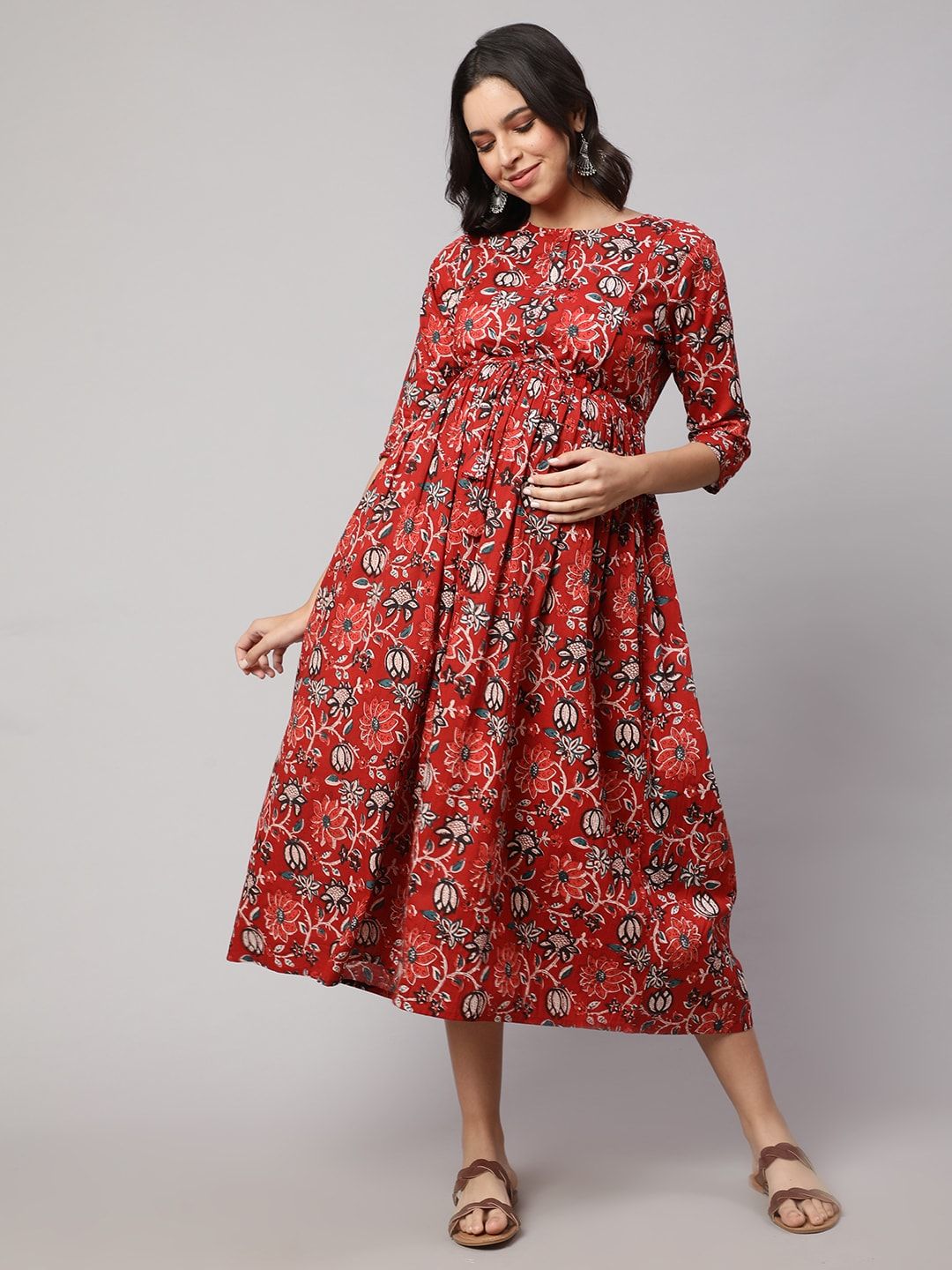 Nayo Floral Printed Maternity A-Line Midi Dress Price in India