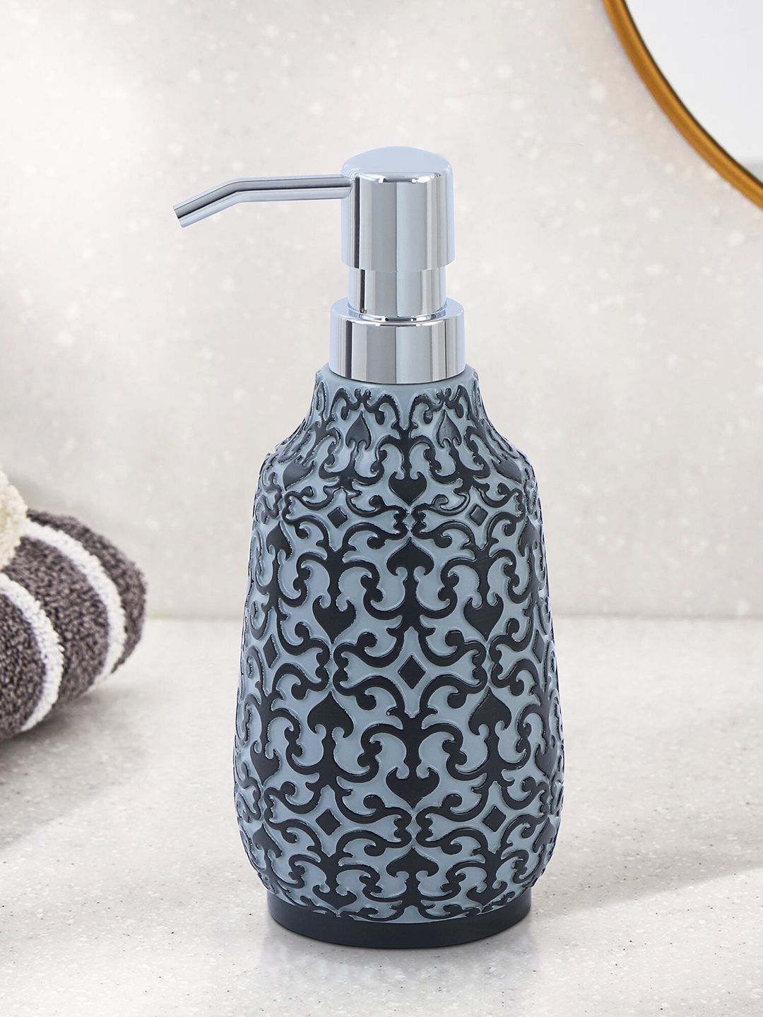 OBSESSIONS Grey & Black Matte Ethnic Motifs Printed Soap Dispenser 320 ml