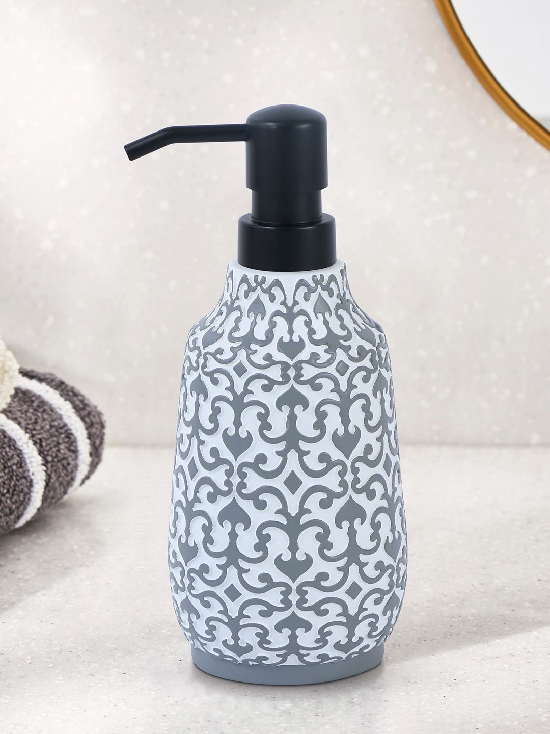 OBSESSIONS White & Grey Ethnic Motifs Printed Soap Dispenser - 320 ML