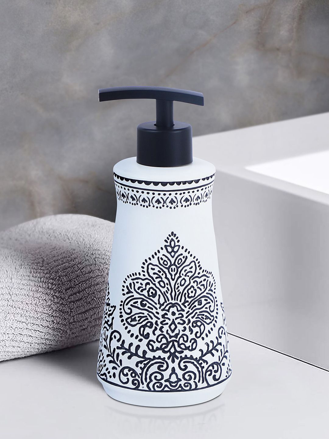 OBSESSIONS White & Black Matte Ethnic Motifs Printed Soap Dispenser 320 ml