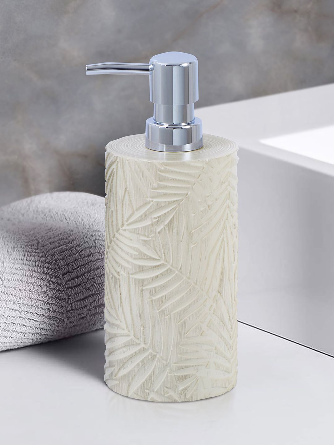 OBSESSIONS Off White & Silver Toned Textured Soap Dispenser - 320 ML
