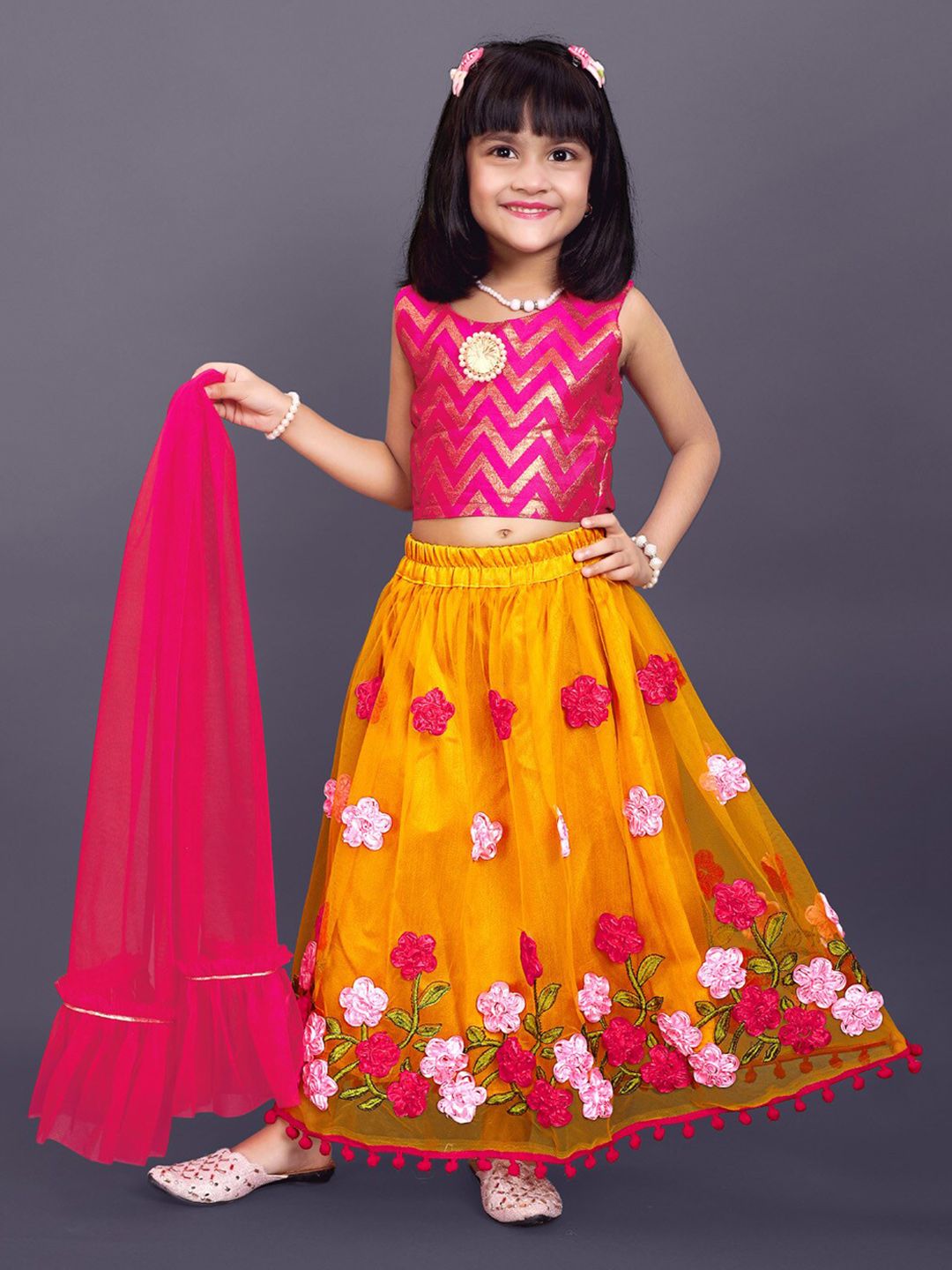 BAESD Girls Chevron Printed Thread Work Ready to Wear Lehenga & Blouse With Dupatta Price in India
