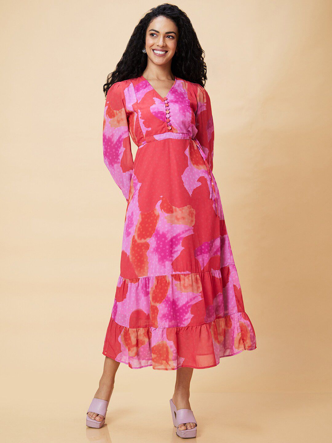 Globus Pink Abstract Printed Tiered Georgette Fit And Flare Midi Dress Price in India
