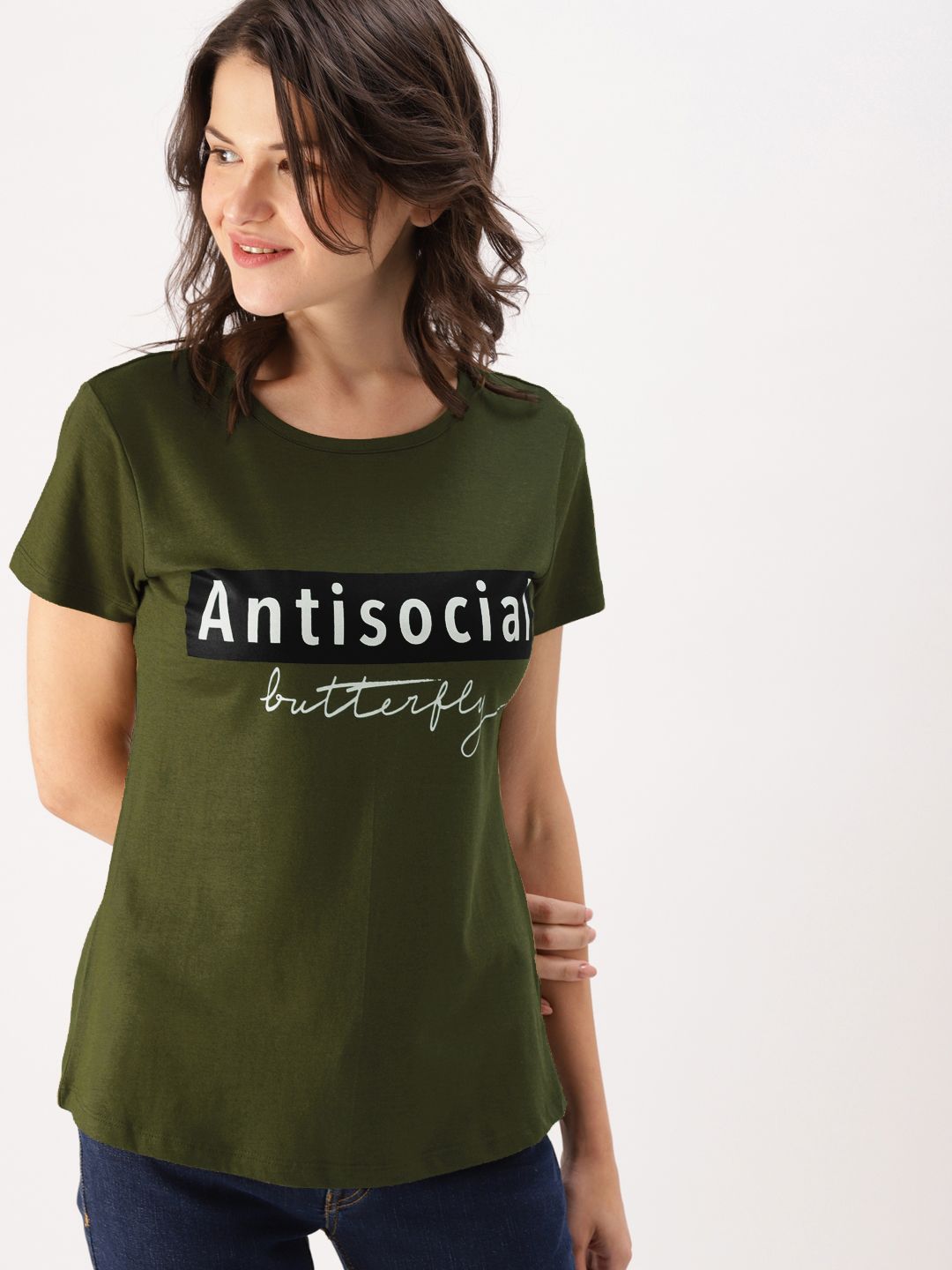 DressBerry Women Olive Green Printed Round Neck T-shirt