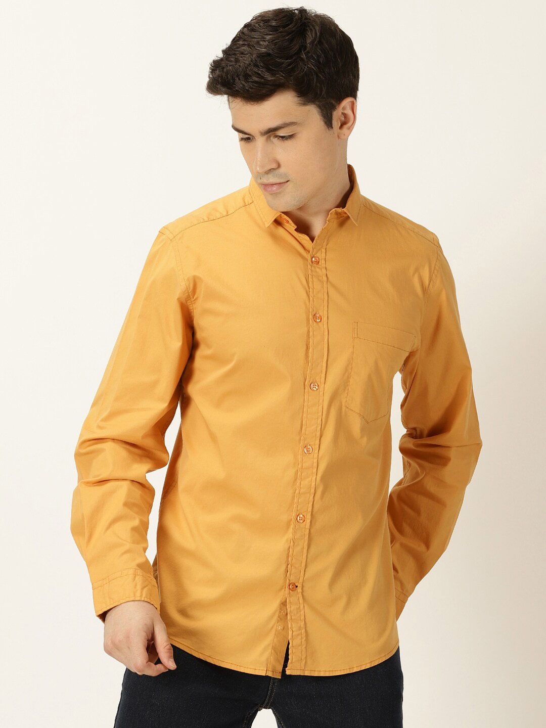 Mast & Harbour Yellow Classic Slim Fit Spread Collar Casual Shirt