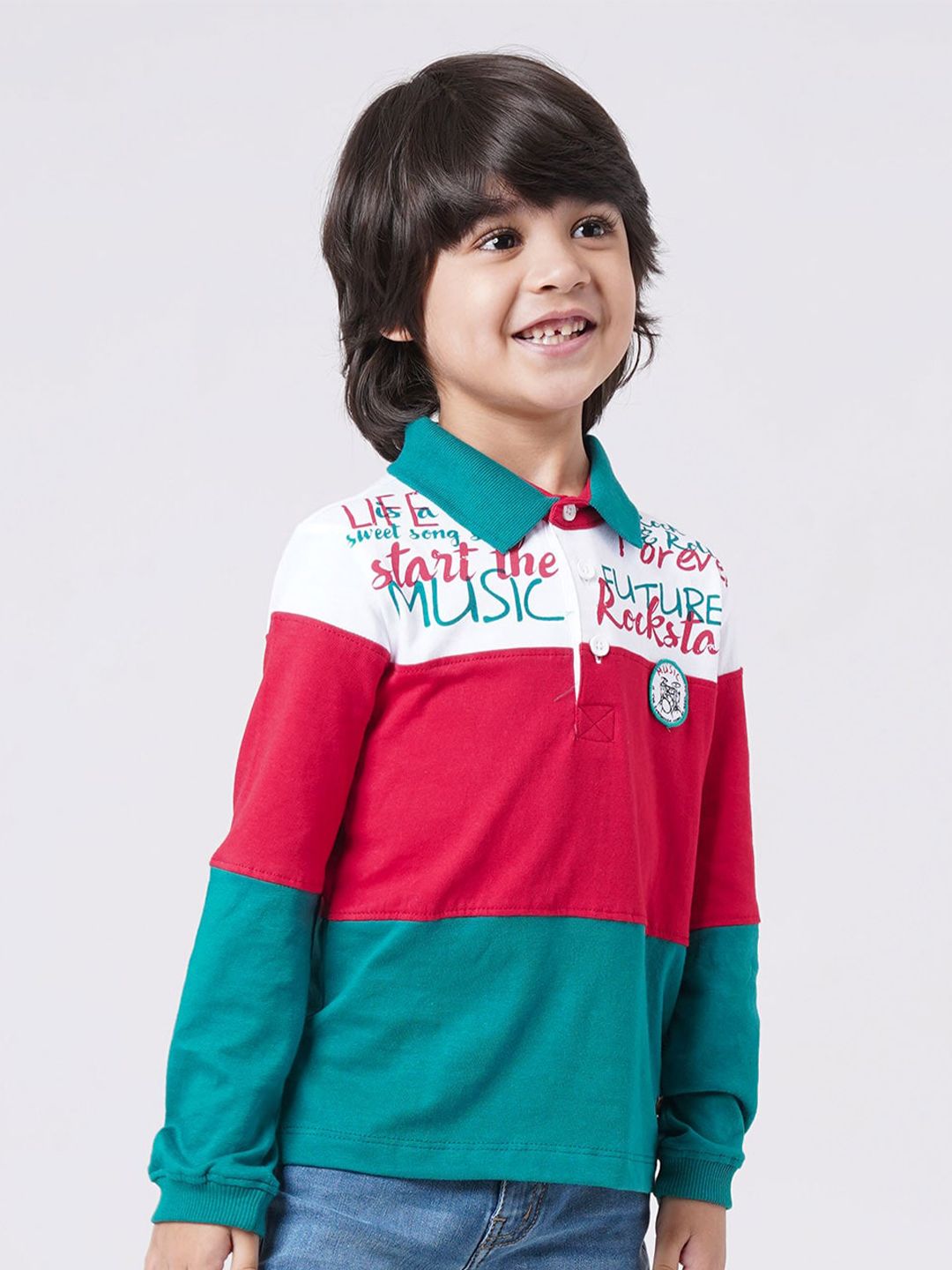 Ed-a-Mamma Boys Colourblocked Pure Cotton Polo Collar T-shirt