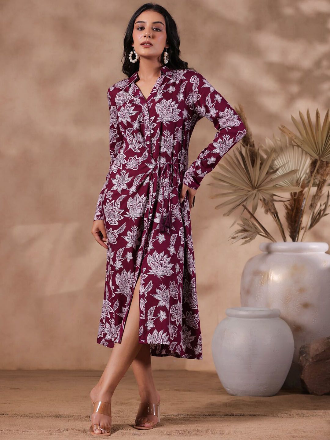 Ishin Floral Printed Gathered Detail Shirt Style Dress Price in India