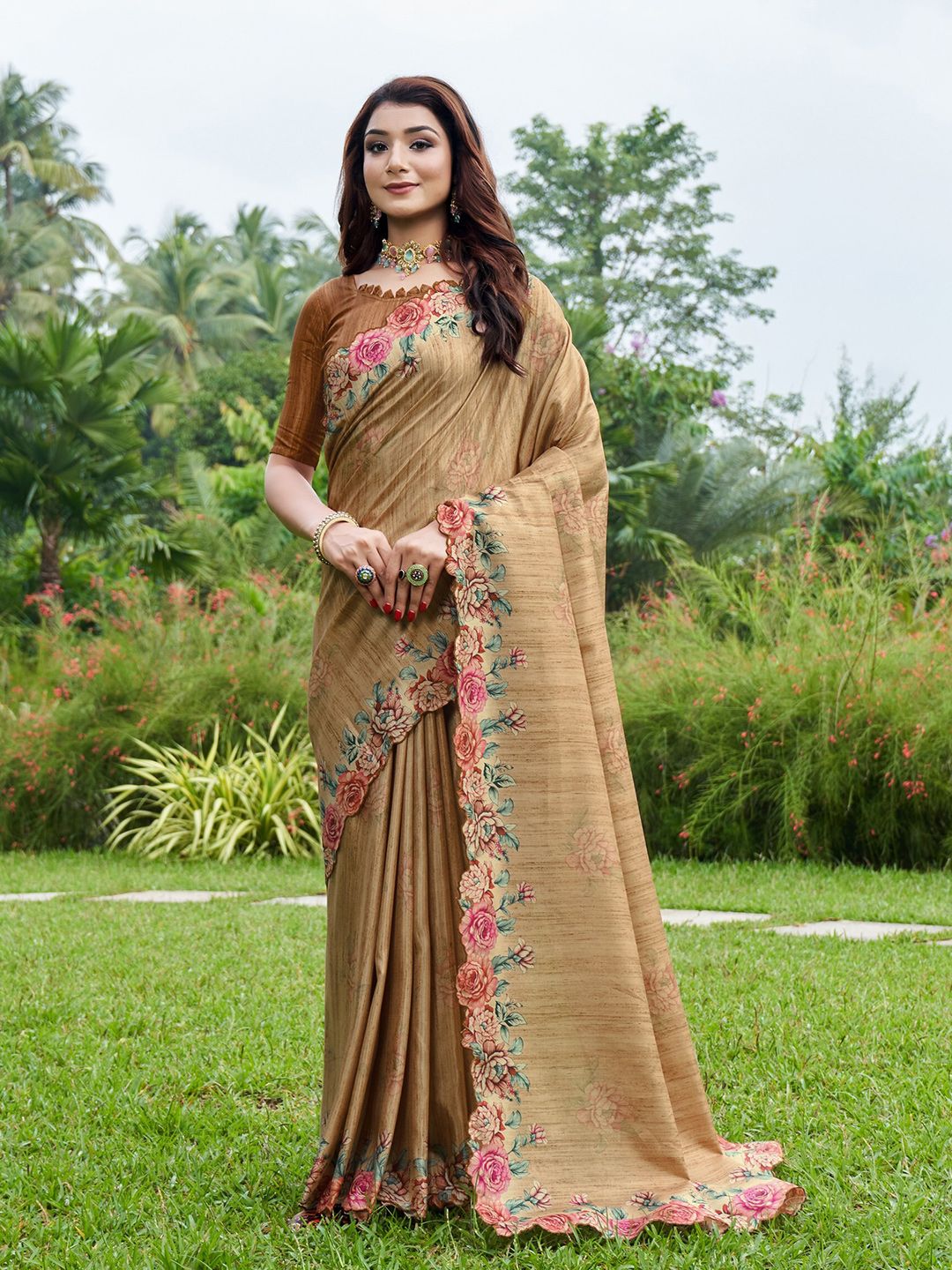 Mitera Beige & Green Floral Printed Pure Silk Saree Price in India