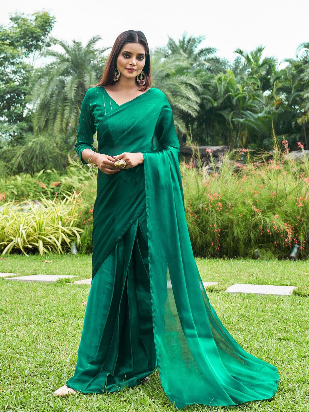 Mitera Sea Green & Silver-Toned Organza Saree