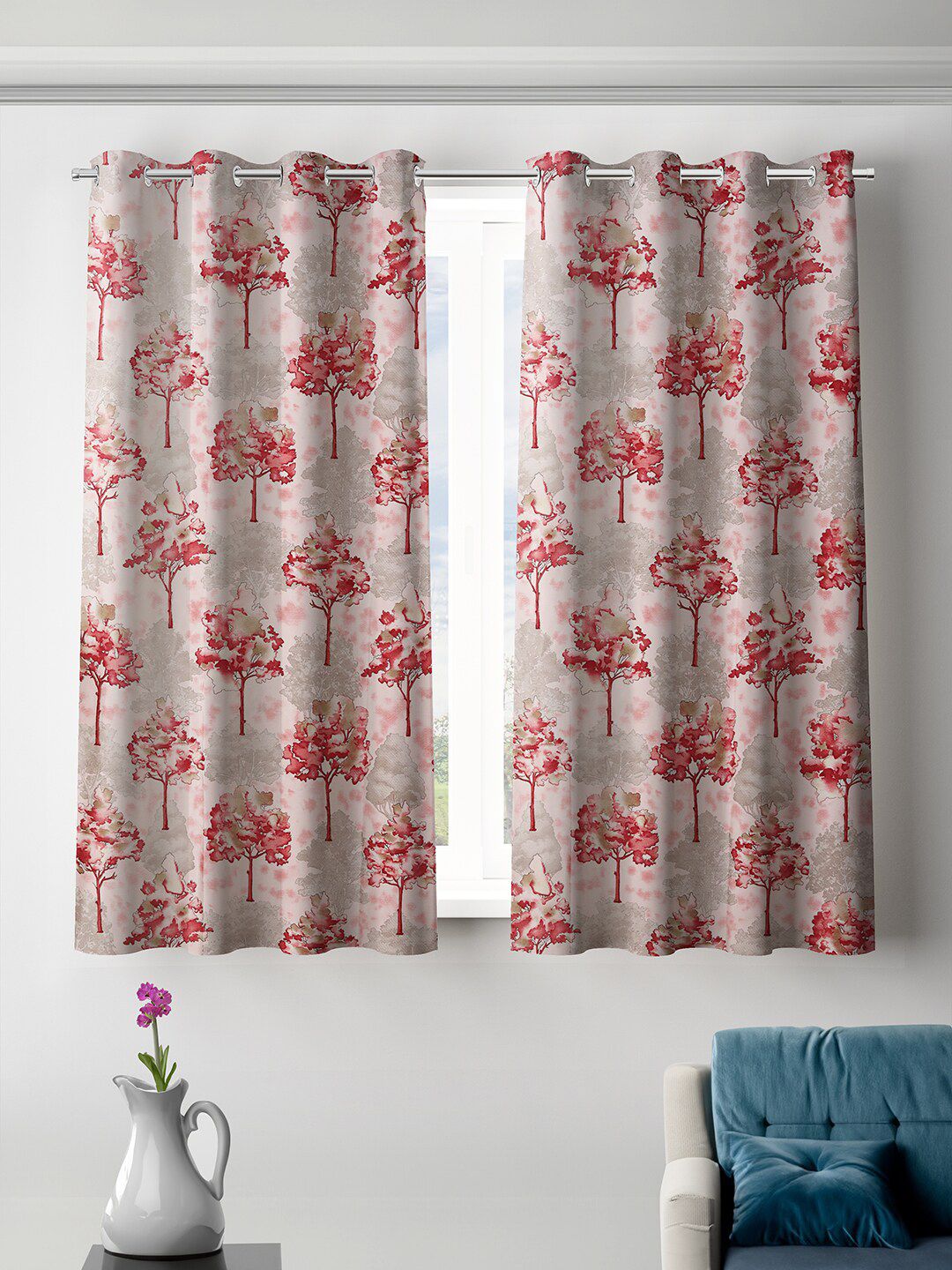 ROMEE Pink & White 2 Pieces Floral Room Darkening Window Curtains