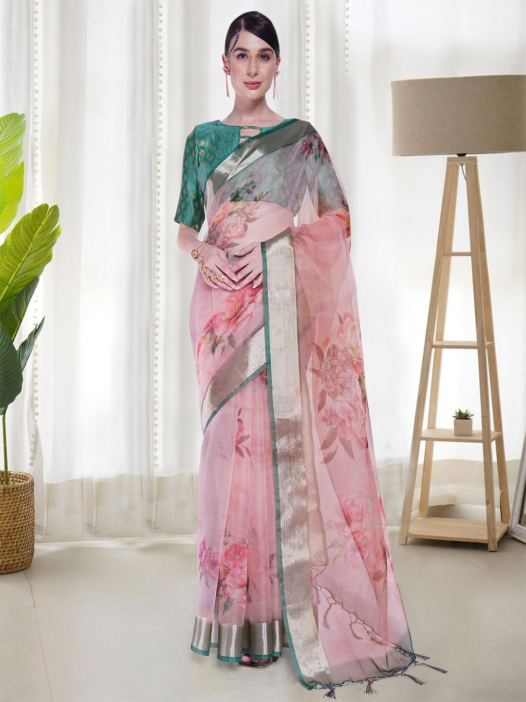 Mitera Pink & Green Floral Zari Organza Saree